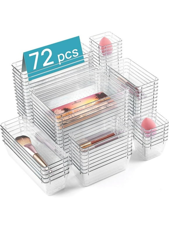 15 PCS Clear Plastic Drawer Organizers Set, 4-Size Versatile Bathroom and Vanity Drawer Organizer Trays, Storage Bins for Makeup, Bedroom, Kitchen Gadgets Utensils and Office
