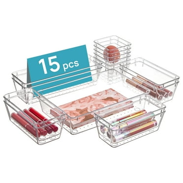 15 PCS Clear Plastic Drawer Organizers Set, Vtopmart 4-Size Versatile Bathroom and Vanity Trays