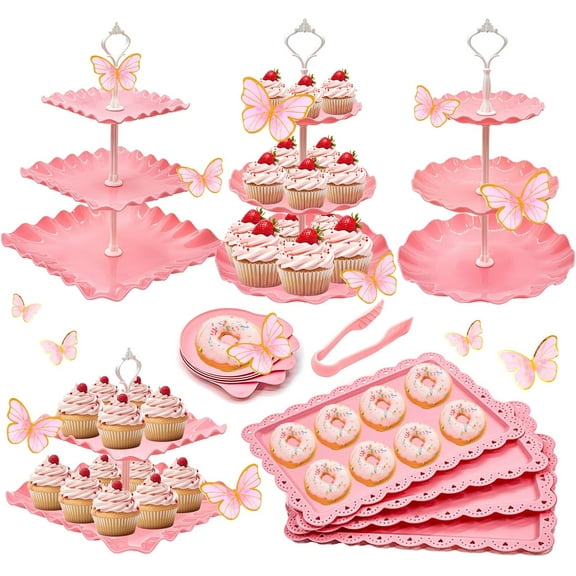 15 PCS Dessert Table Display Set Pink Cupcake Stand,3 Tiered Tray Stand Cup Cake Tower Holder, Cake Stand Serving Trays Dessert Display Stands for Tea Party Wedding Baby Shower Girl-Pink