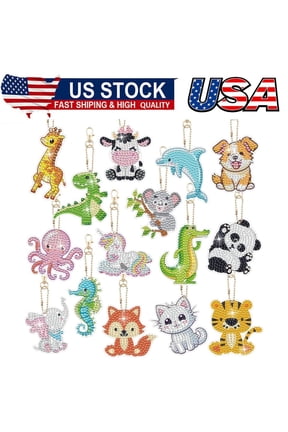 15 PCS Diamond Keychains Animal Diamond Art Ornaments Double Side Diamonds Key