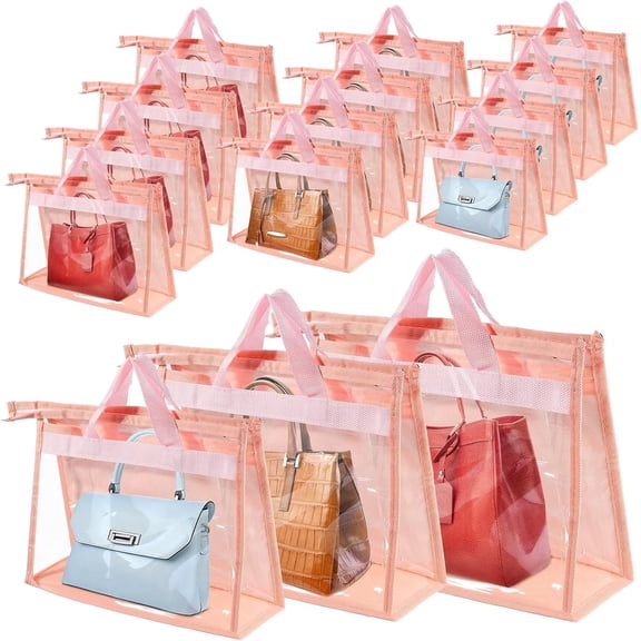 15 PCS Dust Bags for Handbags,Purse Protector Storage Bag,Purse Cover Hanging Closet Organizer with Zipper Handle,Clear Handbag Storage Organizer for Closet,3 Assorted Sizes(Pink)