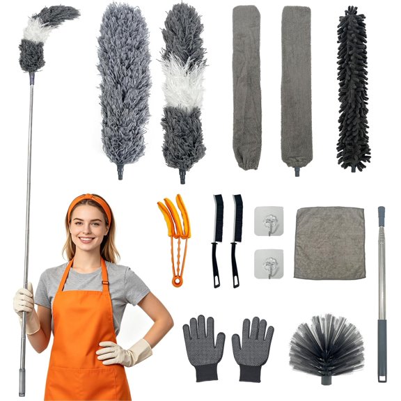 15 PCS Feather Dusters for Cleaning, Microfiber Duster with Extension Pole 100in, Extendable High Ceilings, Ceiling Fans, Baseboards, Blinds, Car Interior - Washable Reusable Dusting Tools