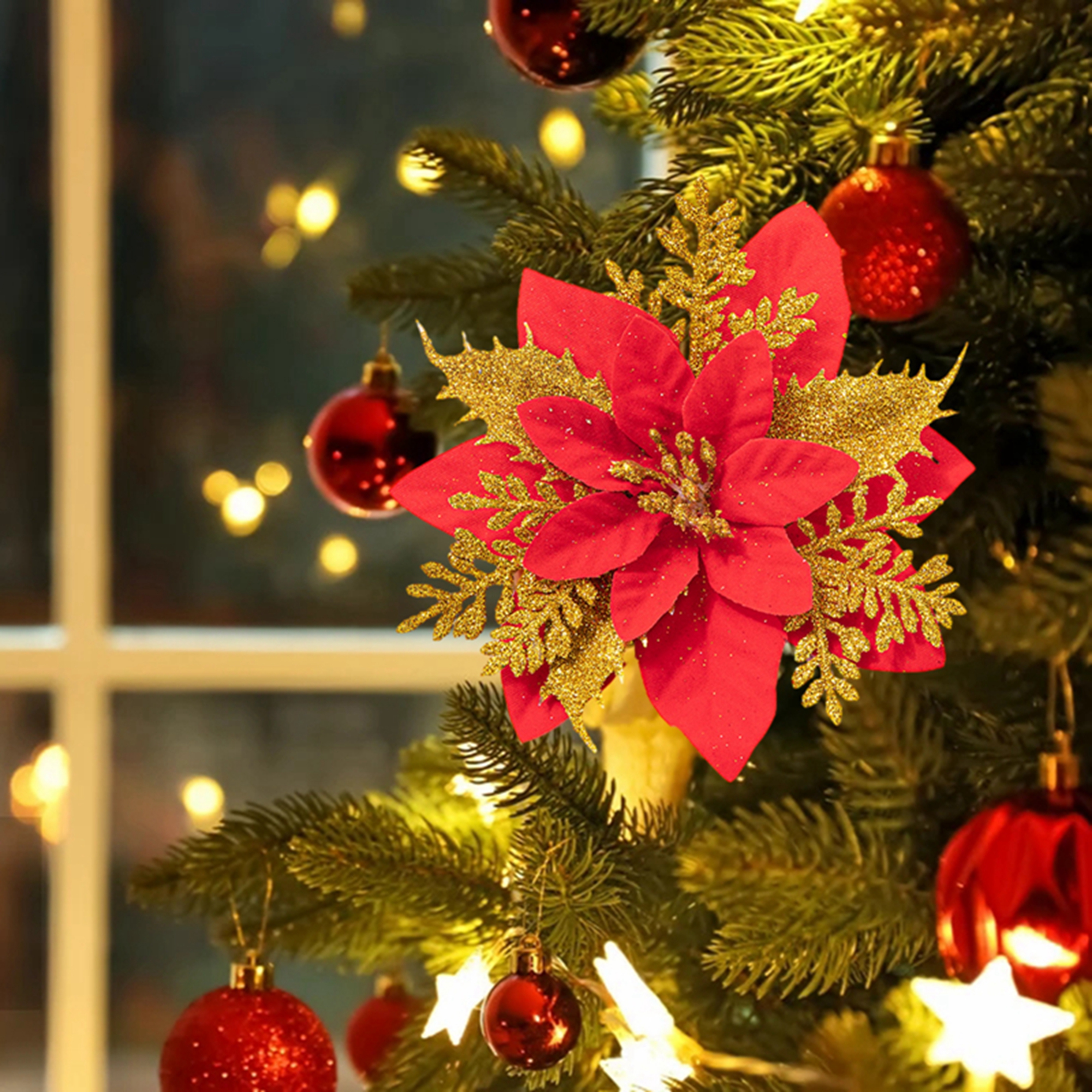 15 PCS Glitter Poinsettia Flower Artificial Poinsettia with Clips