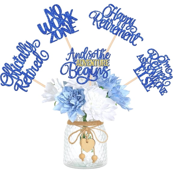 15 PCS Happy Retirement Centerpiece Sticks Officially Retired Table Flower Centerpieces Sticks No Work Zone Floral Decorations for Retirement Theme Farewell Birthday Party Centerpieces Supplies Blue
