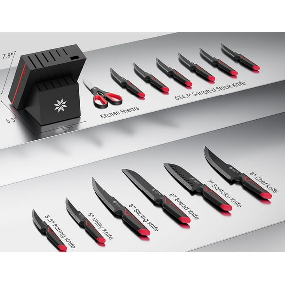 15 PCS Kitchen Knife Set with Built-in Sharpener Block - Stainless Steel, Dishwasher Safe, Red