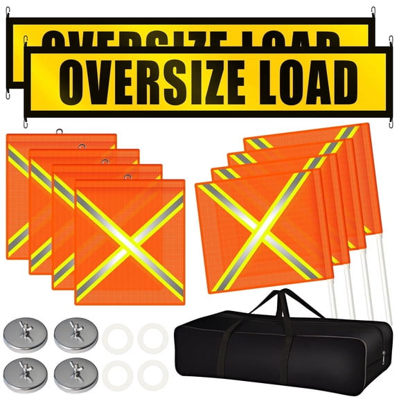 15 PCS Magnetic Oversize Load Sign Kit for Trucks, 2 Wide Load Banners, 4 Orange Safety Flags with PVC Pipe, 4 Warning Flags with Wire Loop, 1 Bag and 4 Magnetic Flag Holders for Construction