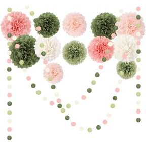 15 PCS Pink Sage Green Wedding Party Decorations Tissue Paper Pom Poms Dots Paper Garland String Hanging Decor for Bridal Shower Baby Shower Engagement Birthday Spring Summer Tea Party Decor