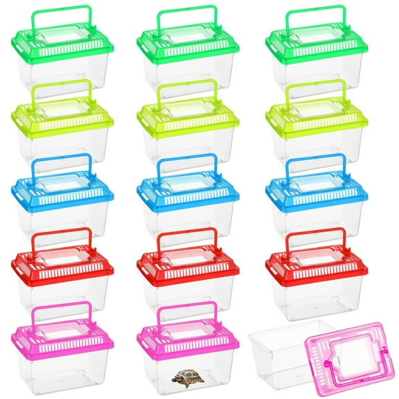 15 PCS Plastic Reptile Terrarium Carrier Cage, Portable Transparent Aquarium Box with Slotted Ventilation Holes for Turtle, Snake, Spider, Breeding, Hatching, Fish, 5 Colors Lid, 5 x 3.4 x 3.4 in