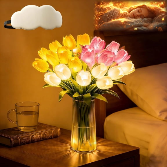 15 PCS Radiant Romantic Tulip Light with Vase, Twinkling Tulips Tree, LED Artificial Flowers Ambient Night Lamp, Gentle Lighting, for Bedroom Bedside Decor and Gift , that Never Fade (Mixed)