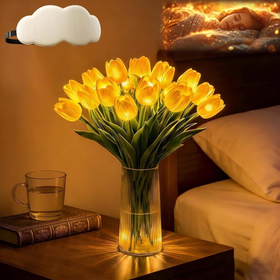 15 PCS Radiant Romantic Tulip Light with Vase, Twinkling Tulips Tree, LED Artificial Flowers Ambient Night Lamp, Gentle Lighting, for Bedroom Bedside Decor and Gift , that Never Fade (Yellow)