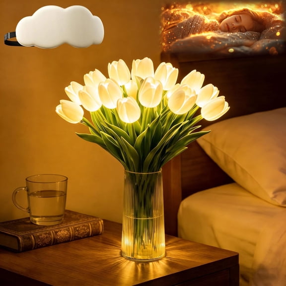15 PCS Radiant Romantic Tulip Light with Vase, Twinkling Tulips Tree, LED Artificial Flowers Ambient Night Lamp, Gentle Lighting, for Bedroom Bedside Decor and Gift , that Never Fade (White)