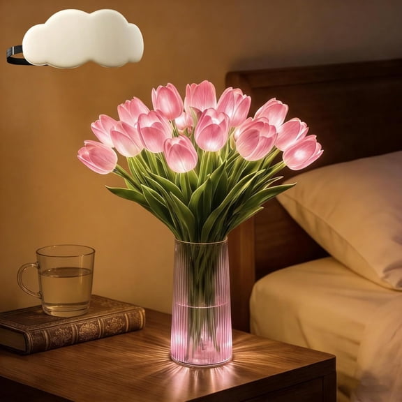 15 PCS Radiant Romantic Tulip Light with Vase, Twinkling Tulips Tree, LED Artificial Flowers Ambient Night Lamp, Gentle Lighting, for Bedroom Bedside Decor and Gift (Pink)
