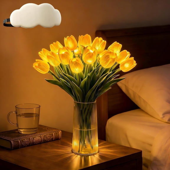15 PCS Radiant Romantic Tulip Light with Vase, Twinkling Tulips Tree, LED Artificial Flowers Ambient Night Lamp, Gentle Lighting, for Bedroom Bedside Decor and Gift (Yellow)