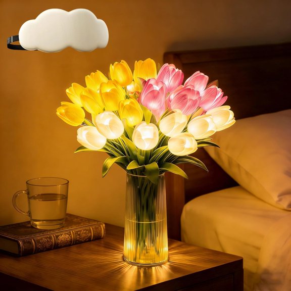 15 PCS Radiant Romantic Tulip Light with Vase, Twinkling Tulips Tree, LED Artificial Flowers Ambient Night Lamp, Gentle Lighting, for Bedroom Bedside Decor and Gift