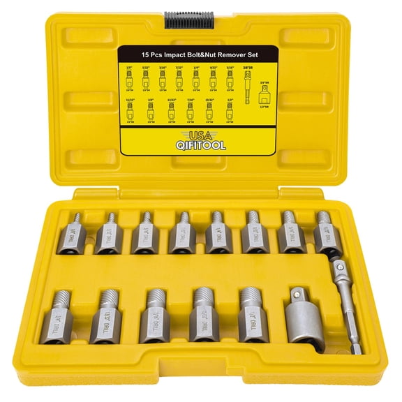15 PCS Screw Extractor Set with 3/8" Inch Drive, Hex Head Multi-Spline Easy Out Allen Screw Extractor Kit Stripped Bolt Removal Tool for Removing Broken Rounded Rusted Bolts Screws Nuts(Yellow)