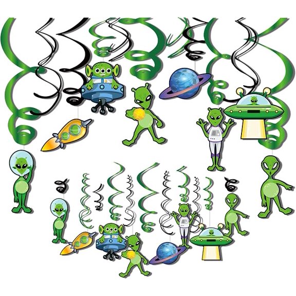 15 PCS Spooky Alien Ceiling Hanging Swirl Decoration, UFO Cutout Foil Tassel for Bedroom Decor, Birthday Party Supplies