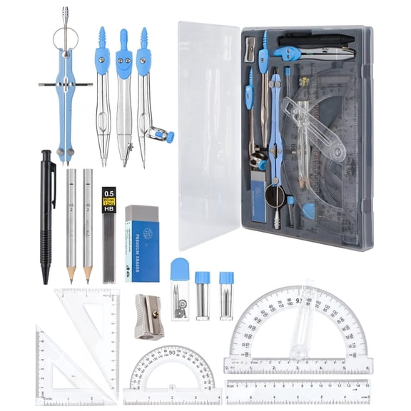 15 PCS Student Geometry Math Tool Kit, 6 Inch Swing Arm Protractor, Compass, Divider, Set Squares and Straight Ruler for School Math Drawing