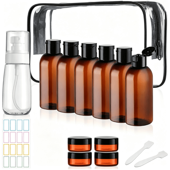 15 PCS Travel Toiletry Bottle Set, Empty Transparent Dispenser Container for Travel Size Cosmetics
