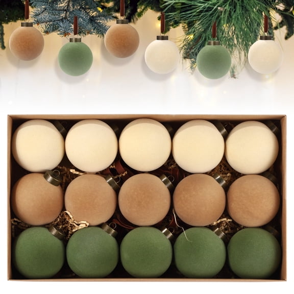 15 PCS Velvet Christmas Balls, 3.1 in Flocked Tree Ornaments with Hanging Ropes and Present Box, Bulk Baubles for Xmas Tree, Holiday Garland, Party, Dining Table Decoration