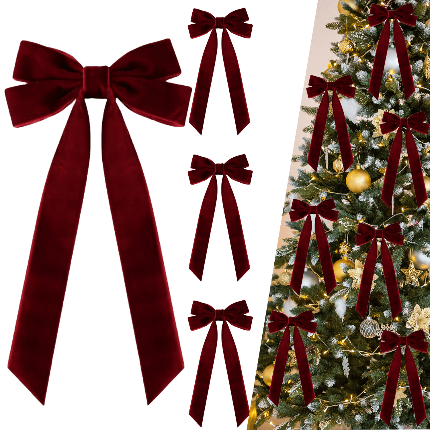 15Pcs Burgundy Velvet Ribbon Bows Christmas Tree Decorations,5in x 10in ...