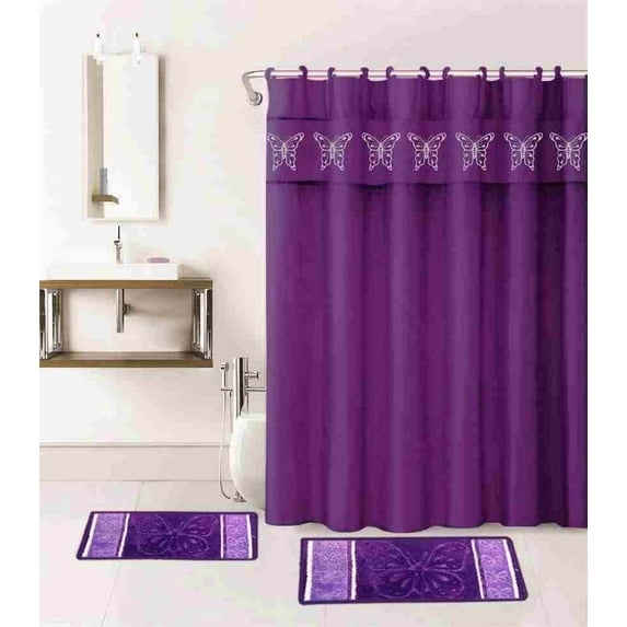 15-Piece Bathroom Set: 2-Rugs/Mats, 1 -Fabric Shower Curtain, 12-Fabric Covered Rings Non-Slip Embroidered Butterfly Purple
