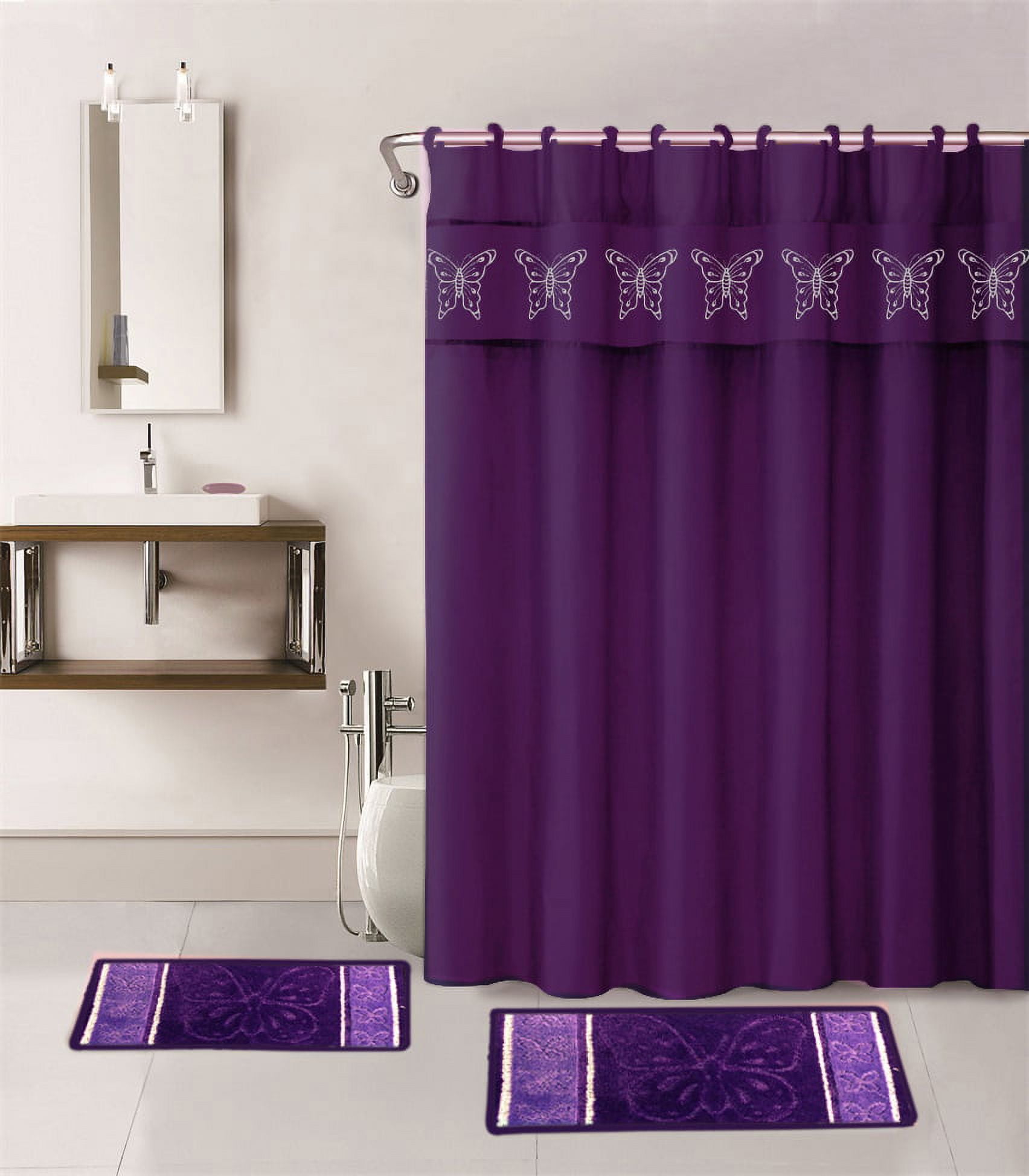 15-Piece Bathroom Set: 2-Rugs/Mats, 1 -Fabric Shower Curtain, 12-Fabric Covered Rings Non-Slip Embroidered Butterfly Purple