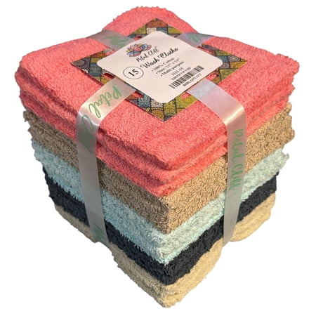 15 Pack, 100% Cotton Wash Cloth, Wash Rags Pack, Extra Soft, Highly Absorbent, Machine Washable Size 11 X 11 inch, Assorted Colors - Color May Very.