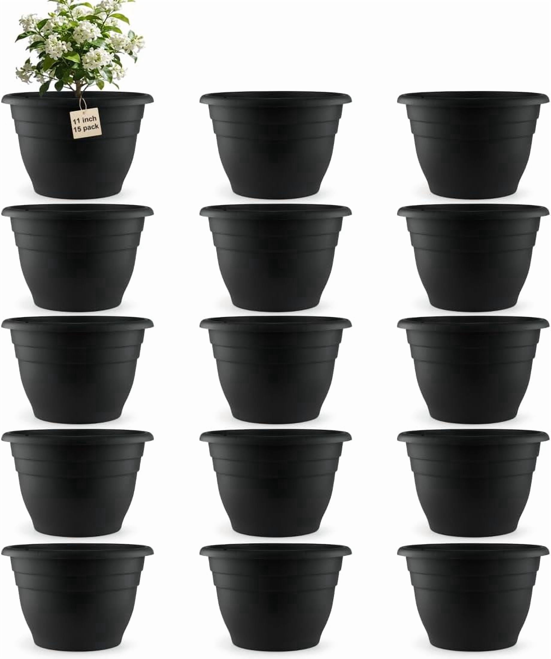 15 Pack 11 Inch Plant Pots with Drainage Holes,Black Plastic Flower Pots with Hanging Holes,Durable Planters for Indoor & Outdoor Plants,Nursery Pots
