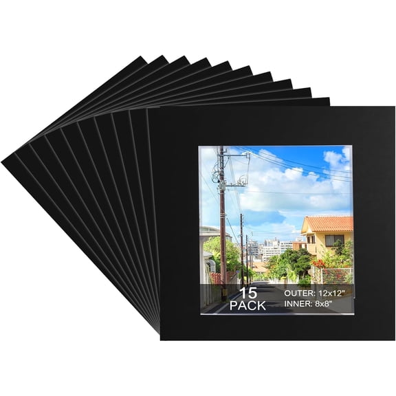 15 Pack 12x12 Black Picture Mats for 8x8 Photos, Bevel Cut