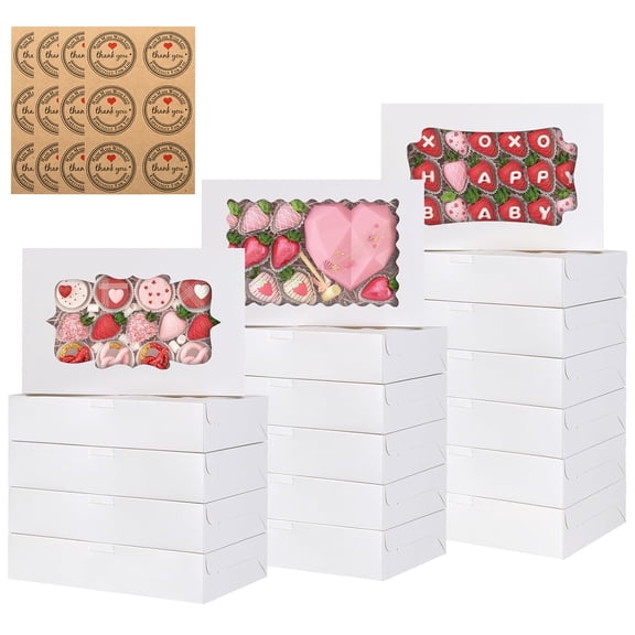 15 Pack 12x8x2.5 Bakery Boxes, 3 Style Cookie Boxes, Treat Containers with Window and Stickers for Candies, Chocolate Strawberries, Cakes, Muffins, Donuts
