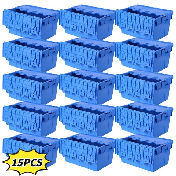 15-Pack 16 Gallon Heavy Duty Stackable Storage Bins with Hinged Lids, Lockable Totes for Warehouse, Camping, and Commercial Use, Blue