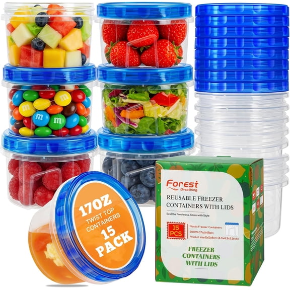 15 Pack 17 oz Reusable Airtight Freezer Storage Containers with Twist Top Lids