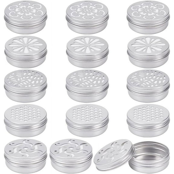 15 Pack 2 oz Aluminium Tins with Hollow Lid 5 Style Refillable Screw Lid Round Jars Sample for Cosmetic Aromatherapy Air Freshener Candles Travel Storage Beads Mixed Color