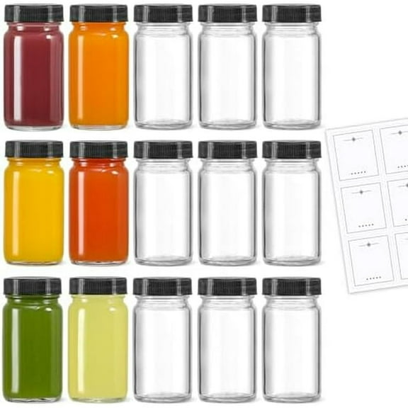 15 Pack 2 oz Glass Shot Mini Bottles w/ Black Lids & 15 Labels - Small Clear Jar for Ginger, Wellness Shot, Juice, Sample, Whiskey - Travel Essentials - Wide Mouth, Leakproof, Dishwasher Safe Black