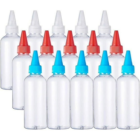 15 Pack 3.4 Ounce Plastic Tip Applicator Bottle Squeeze Dispensing Bottles with Red/Blue/White Tip Caps - Good for Crafts Art Glue Multi Purpose DIY