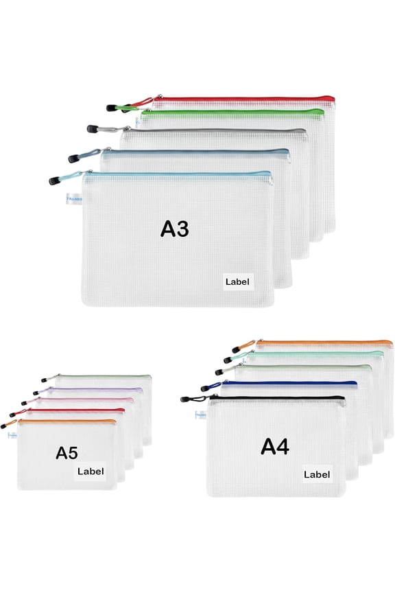 15-Pack 3-Size Mesh Zipper Pouches, A3/A4/A5 with Label Pocket, TRANBO Document Zip Lock Storage Bags for Travel, School, Home Use - Assorted Colors