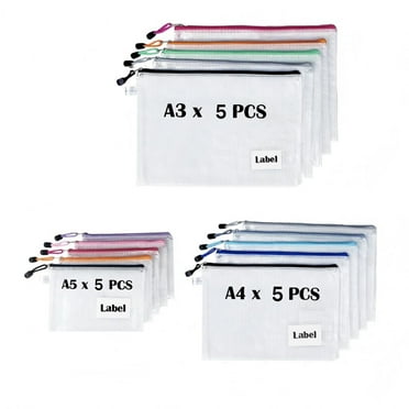 15-Pack 3-Size Mesh Zipper Pouches, A3/A4/A5 with Label Pocket, TRANBO Document Zip Lock Storage Bags for Travel, School, Home Use - Assorted Colors