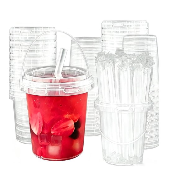 15 Pack 48oz Clear Plastic Drink Bucket Cups with Lid and Handle, Leakproof Iced Coffee Cups for Cold Drinks, Fruit Juice, Party Picnic