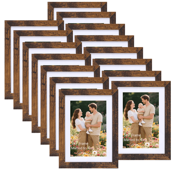 15 Pack 5x7 Picture Frames Matted to 4x6 Photos, Gallery Wall Picture Frame, Brown