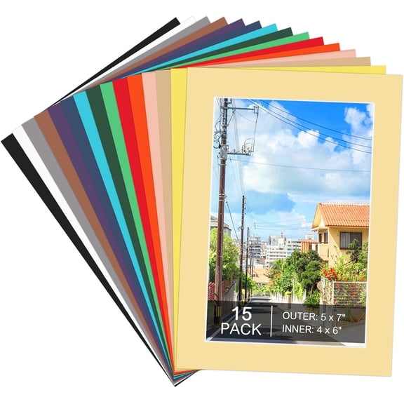 15 Pack 5x7 Picture Mats, Mixed Colors Frame Mattes for 4x6 Pictures Photo Frame Mat Core Bevel Cut Mat Board Show Kit for Photos, Prints, Artworks