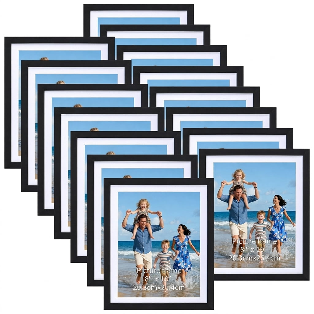 15 Pack 8x10 Wood Picture Frames, 9x11 Matted to 8x10 Tabletop or Wall Mounted Photo Frame, Black