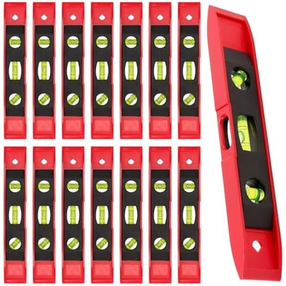 15 Pack 9 Inch Magnetic Torpedo Level with 45, 90, 180 Degree Bubbles, Plastic Shell Shock Resistant Torpedo Level, Red Spirit Level Measuring Tool