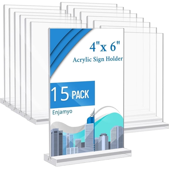15 Pack Acrylic Sign Holder 4 x 6 Inch,Double-Sided Clear Sign Holders,Vertical T Shape Clear Menu Holder,Table Menu Display Stand For Office Home Restaurants Store Hotels