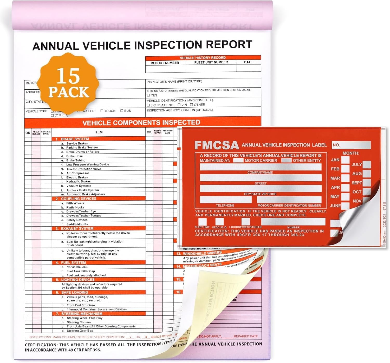 15 Pack Annual Inspection Report Forms & 15-Pk Red FMCSA Adhesive ...