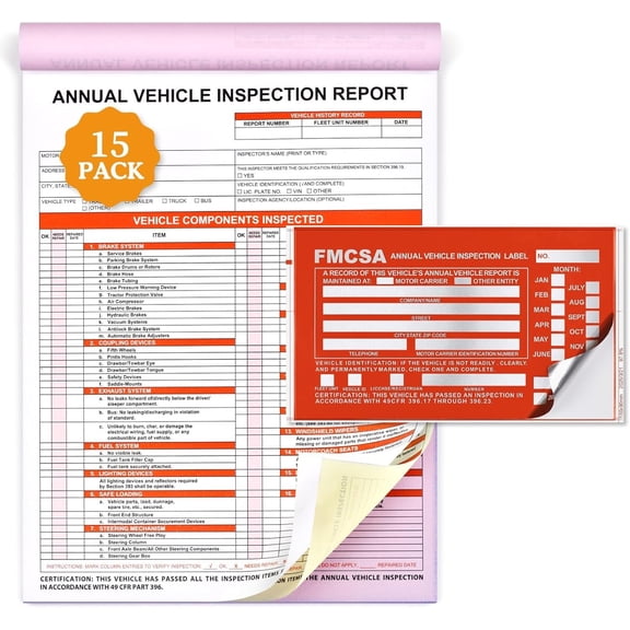 15 Pack Annual Inspection Report Forms & 15-Pk Red FMCSA Adhesive Labels/Stickers, 3-Ply Carbonless Inspection Sheet Book with Hardboard, DOT Compliant