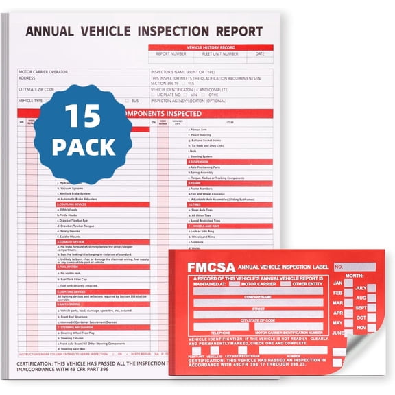 15-Pack Annual Vehicle Inspection Report Form, 3-Ply Carbonless Form and Hardboard, Includes 15-Pk Red FMCSA DOT Permanent Aluminum Adhesive Stickers, DOT Compliant
