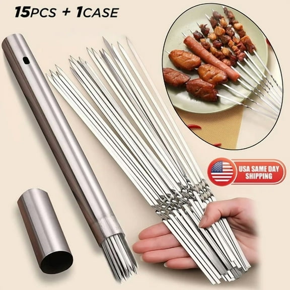 15 Pack Bbq Barbecue Skewers Metal Shish Kebab Skewers 15" Flat Stainless Steel