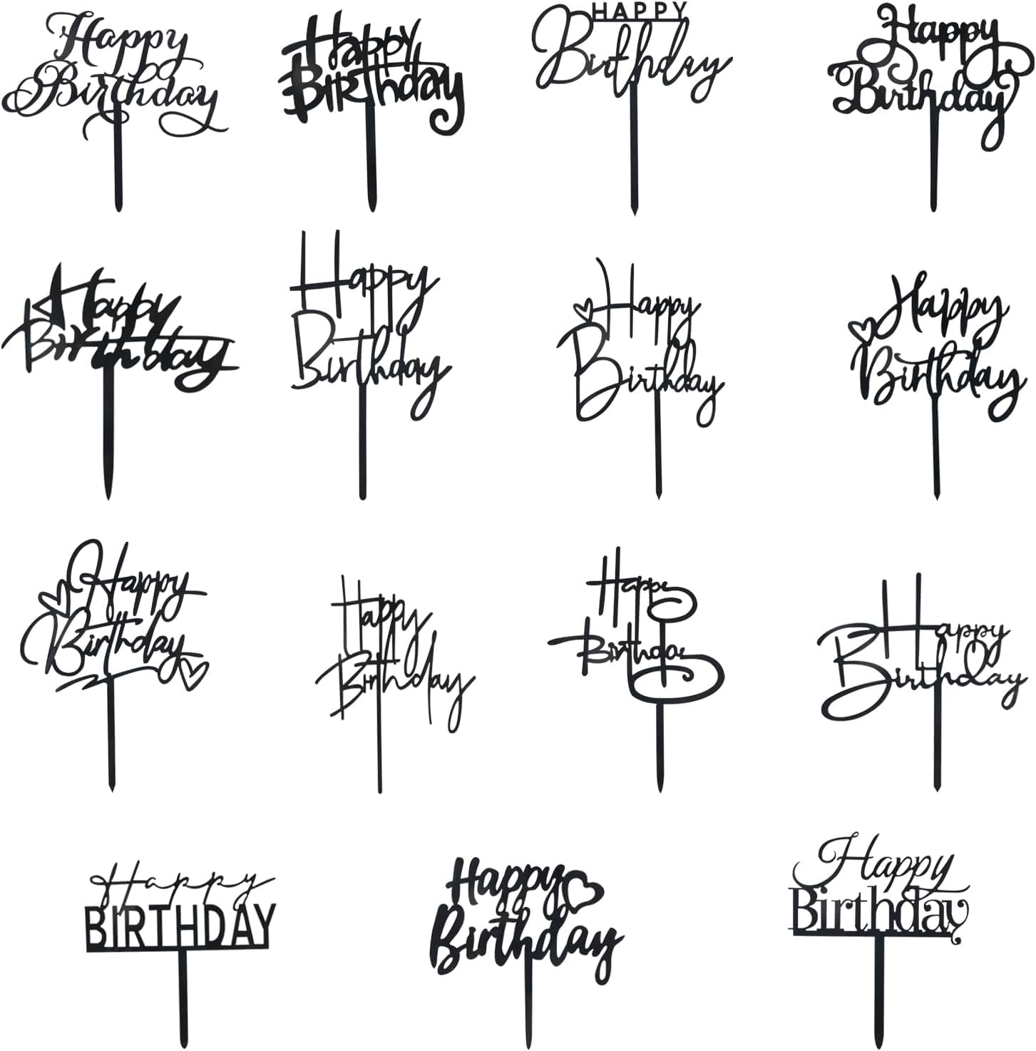 15Pack Black Acrylic Happy Birthday Cake Toppers/Cupcake Toppers