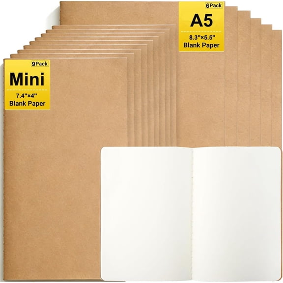 15 Pack Blank Notebooks Set, 60 Pages Journals Notebook Bulk, Unlined Composition Notebook for , Student, Sketchbooks and Pocket Notebook(6PCS A5 8.3"x5.5", 9 count Mini 7.4"x4")