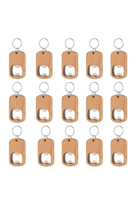 15 Pack Bottle Opener Blank Wooden Keychain Blanks for Laser Engraving Wood Bottle Openers Bulk Key Chains Engraved Key
